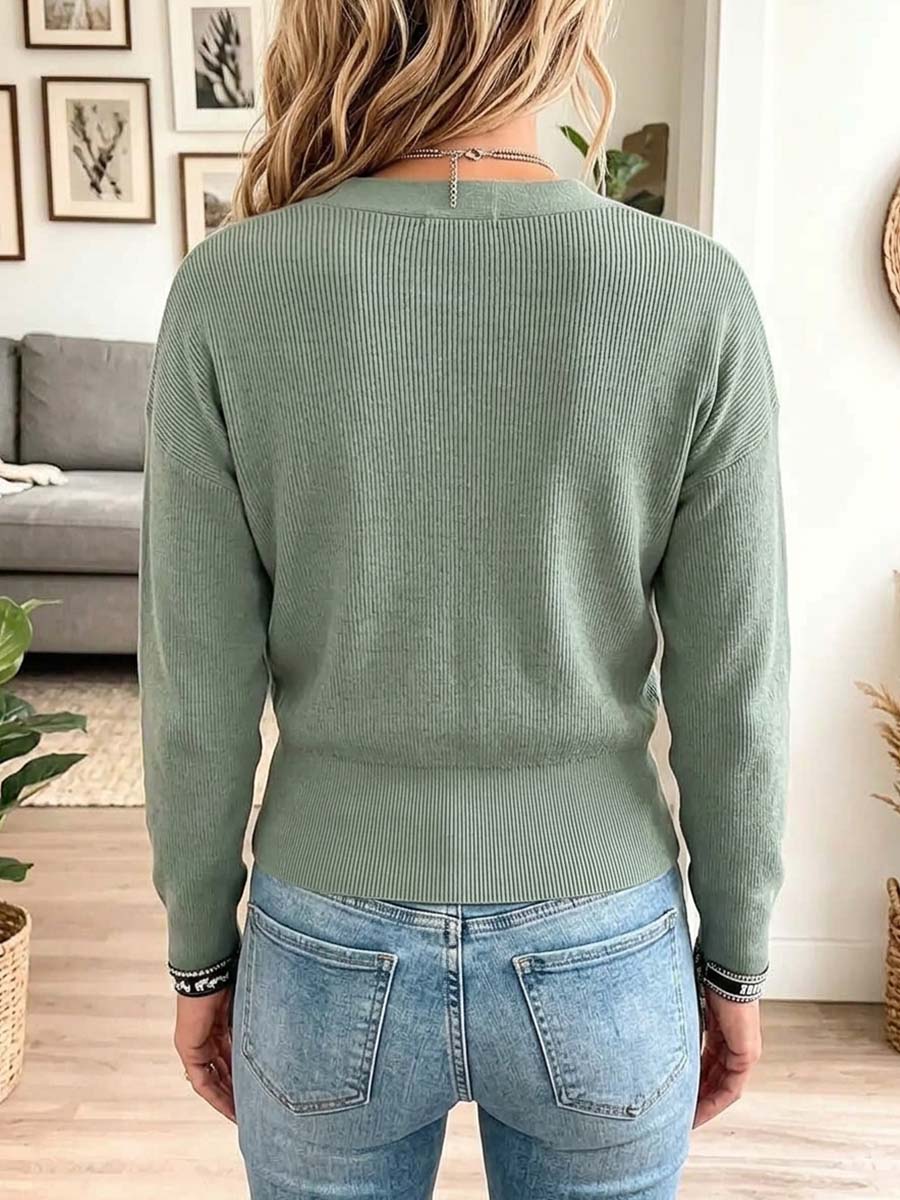 Women's Solid Color V-neck Long Sleeve Casual Loose Knitted Pullover