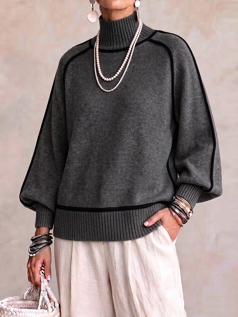 Women's High-neck Long-sleeved Casual Loose Color-blocked Pullover Knit Sweater