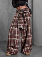 Plaid Tie‑waist Knot Relaxed Wide‑leg Trousers