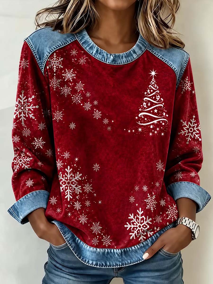 Women's Christmas Snowflake Print Top With Denim Accents