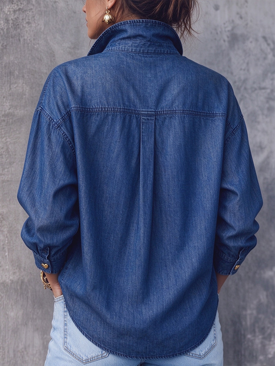 Chic Heart-Button Denim Shirt Pullover
