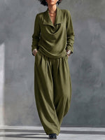 Women's Solid Color Collared Long-sleeved Casual Loose Top And High-waisted Wide-leg Pants Set