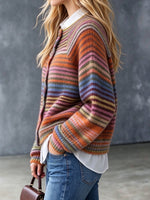 Chic Rainbow-striped Chunky-knit Cardigan