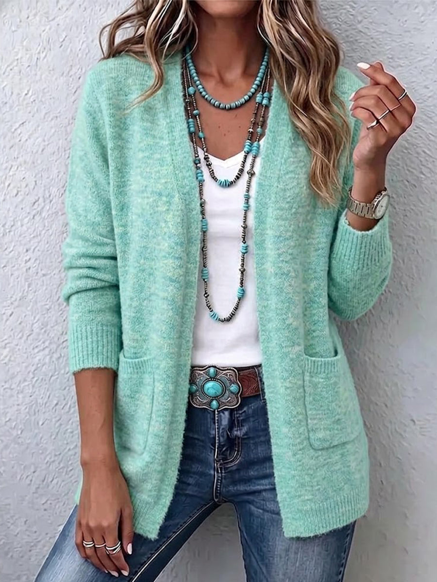 Loose, Buttonless, Pocketed Knit Cardigan