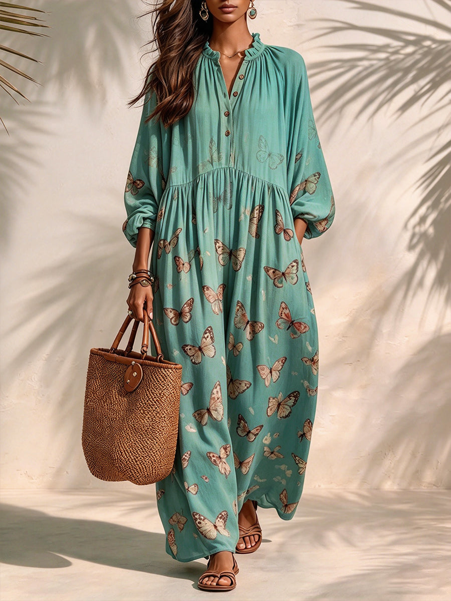 Bosei Riddle Butterfly-print Linen-blend Maxi Dress