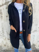 Women's Solid Color Collared Long Sleeve Casual Loose Hooded Knit Cardigan
