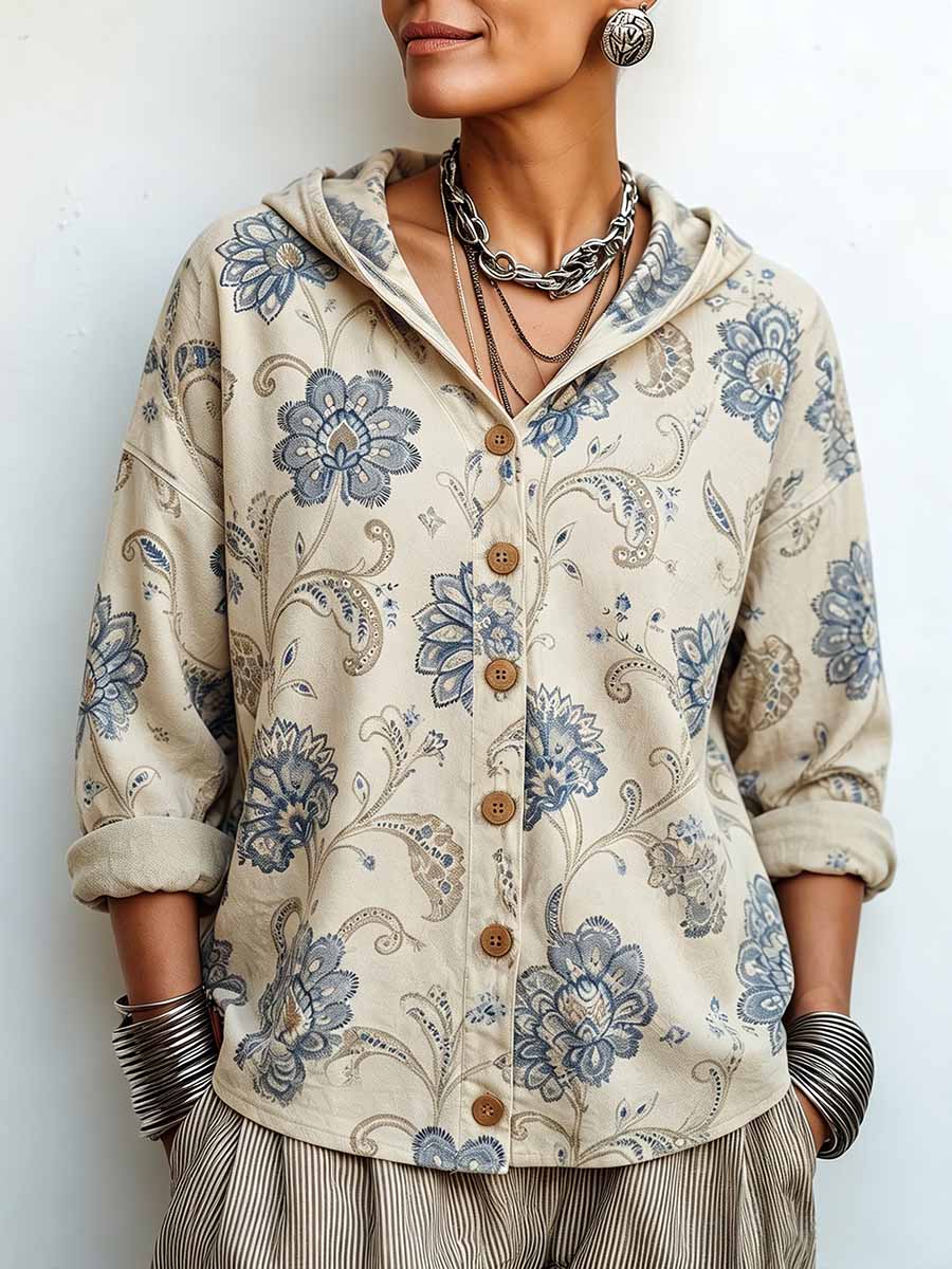 Women's Retro Print Casual Loose Long Sleeve Hooded Cardigan