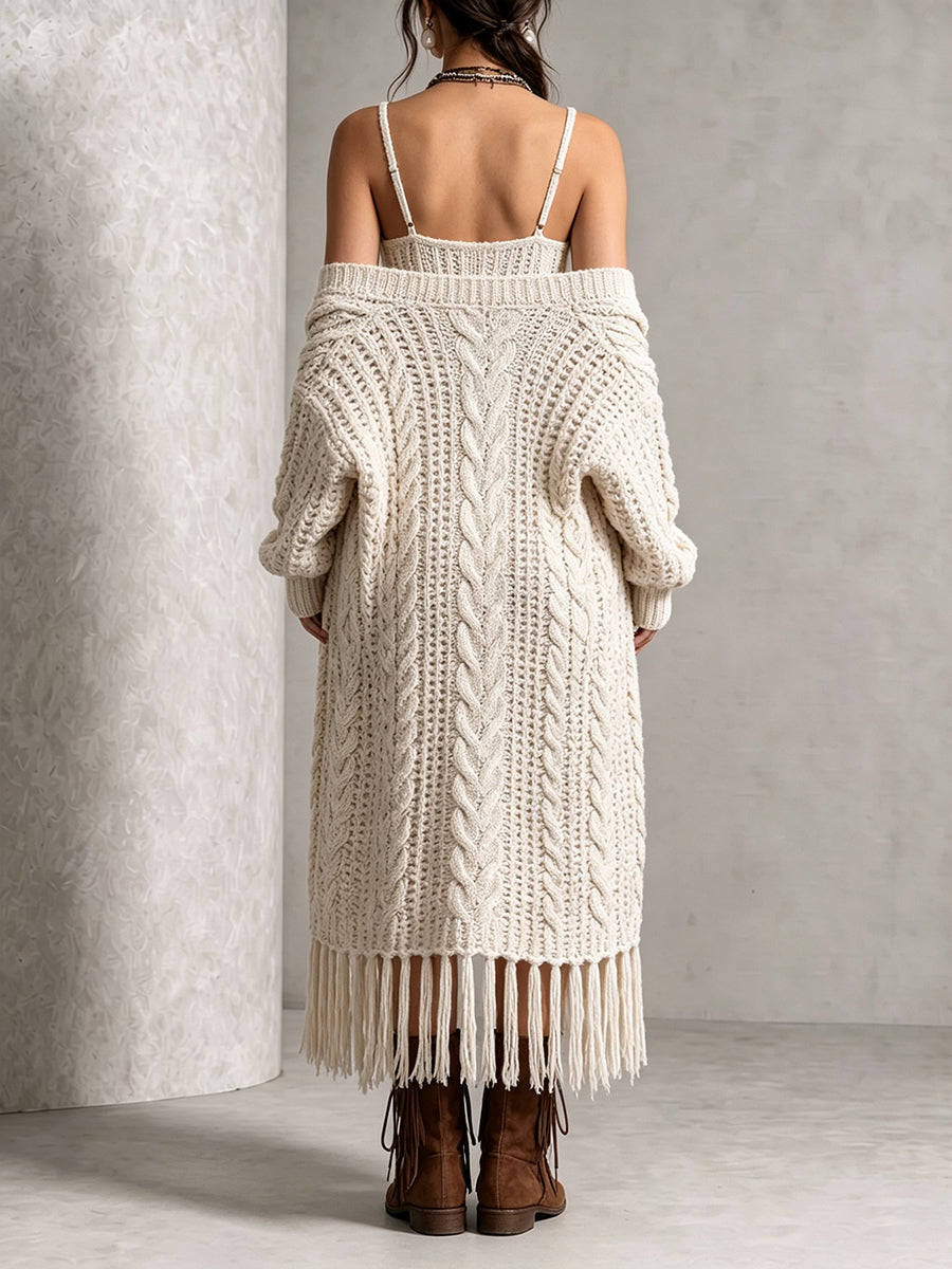 Boho Chic Cable-Knit Fringe Long Cardigan