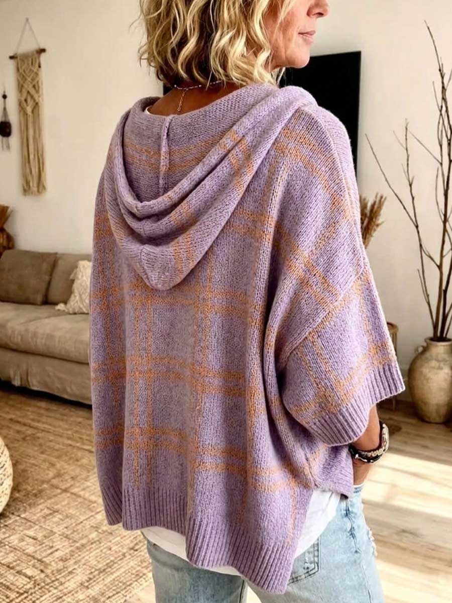 Women's Plaid Hooded Knit Poncho Sweater with Half Sleeves