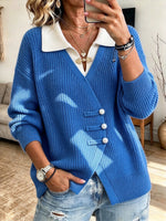 Elegant And Refined Knit Top With A Contrasting-color Collar And Traditional Chinese-style Button Closures (pankou)