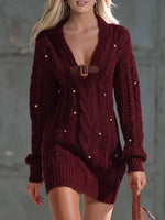 Women's Solid Color V-neck Long Sleeve Casual Loose Beaded Knit Dress