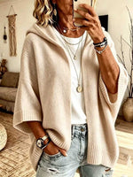 Women's Solid-Color V-Neck 3/4 Sleeve Loose-Fit Hooded Knit Cardigan