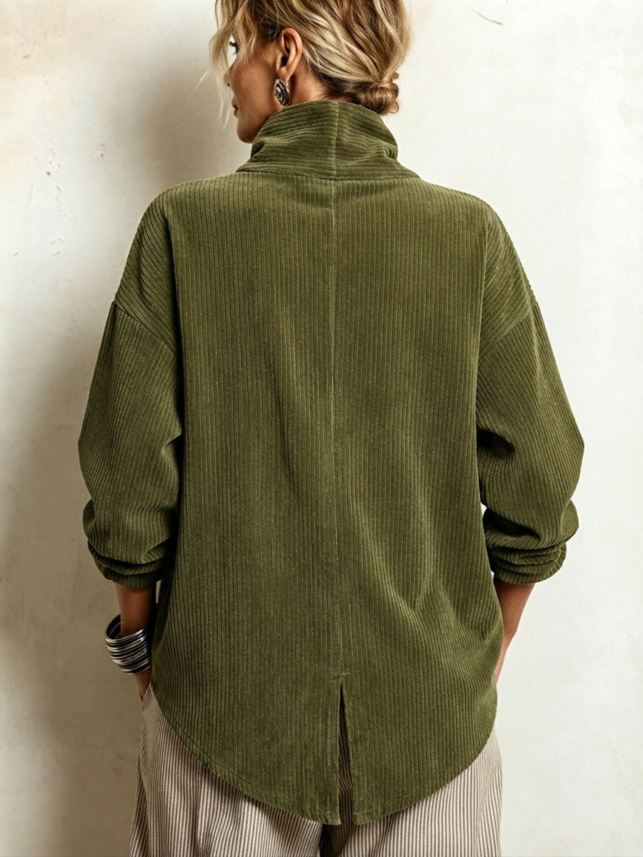 Chic High Funnel Neck Asymmetric Corduroy Top