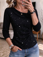 Women's Star Print Asymmetrical Neck Top With 3d Rosette