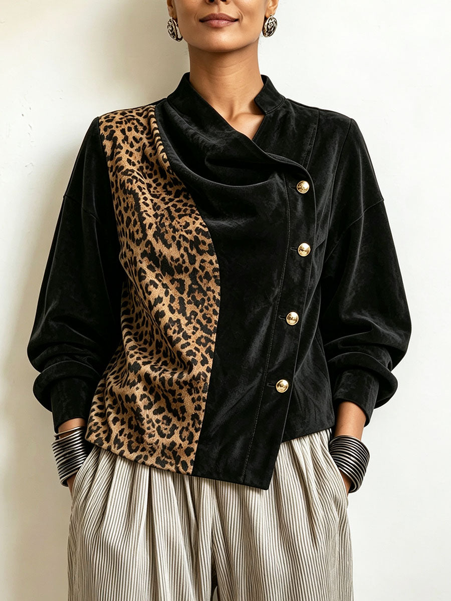 Chic Asymmetrical Leopard-print Panel Velvet Blouse