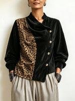 Chic Asymmetrical Leopard-print Panel Velvet Blouse