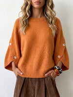Crew Neck Side‑button Decor Loose Batwing 3/4 Sleeve Knit Pullover