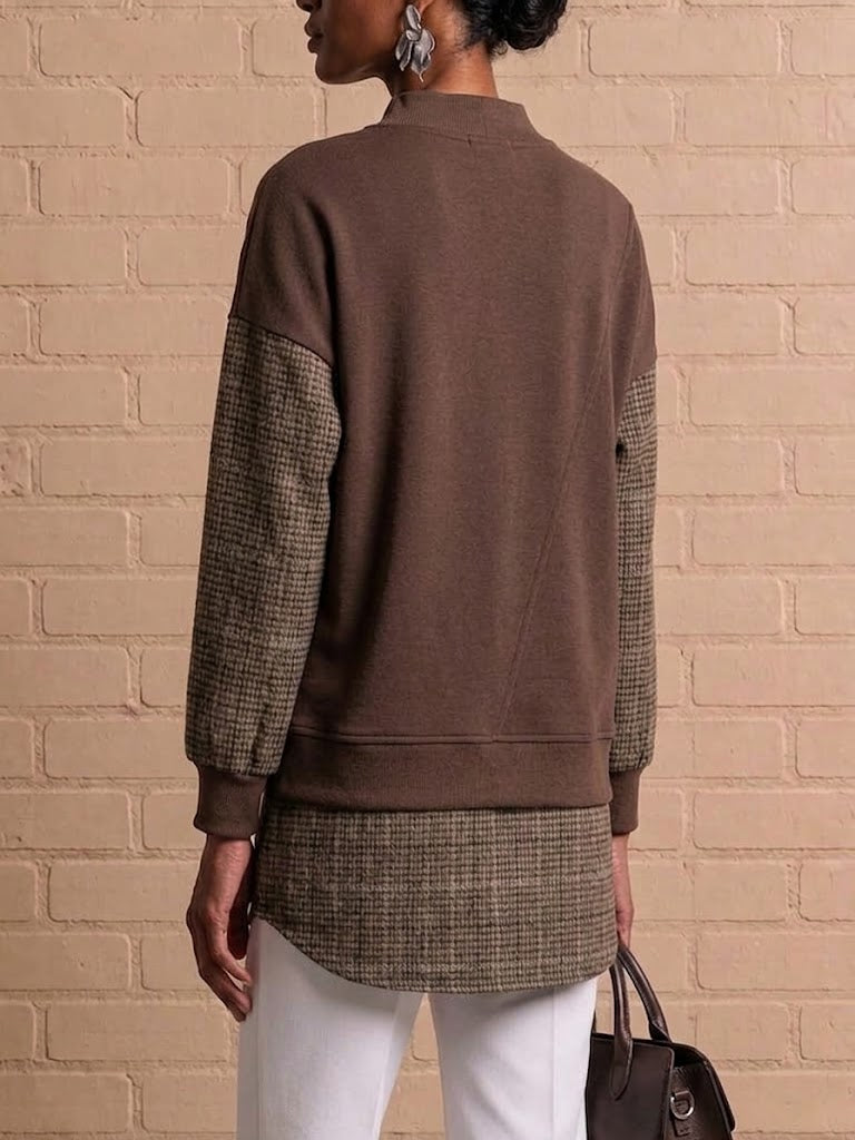 Asymmetric Pocket "faux-layered" Top With Mixed Plaid Panels