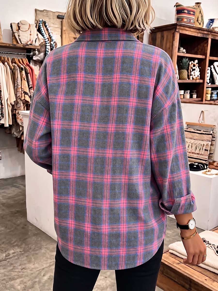 Women's Plaid Print Collared Long-sleeved Casual Loose Shirt