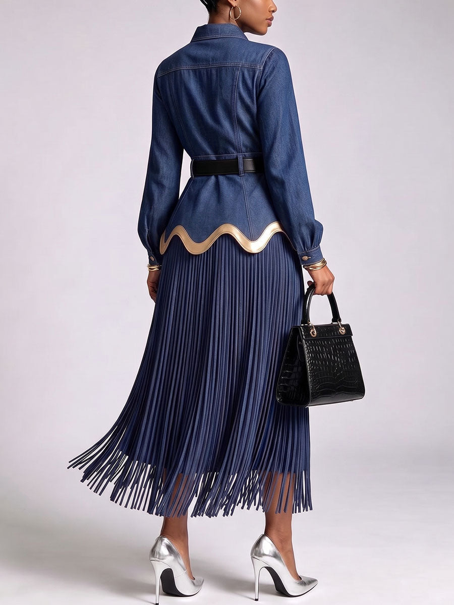 Women's Collared Long-sleeved Casual Loose-fitting Tassel Denim Dress