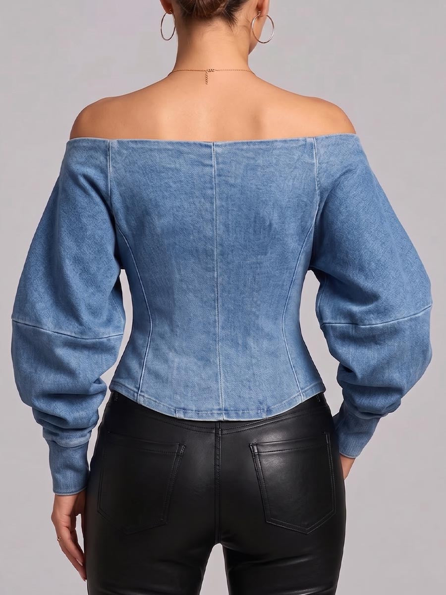 Women's Off-shoulder Long-sleeved Casual Slim-fit Denim Top