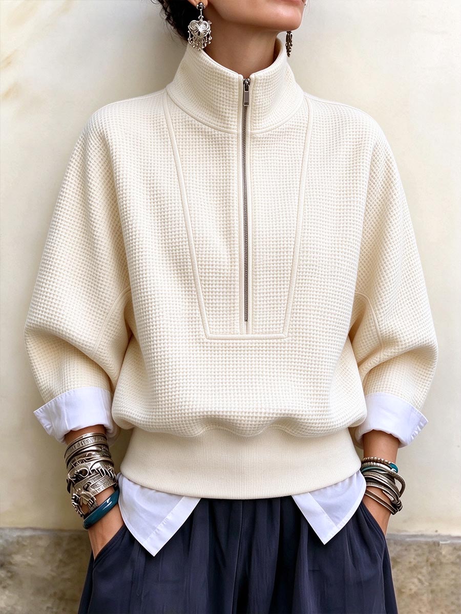 Women's Casual Half-zip Waffle Knit Pullover Sweater