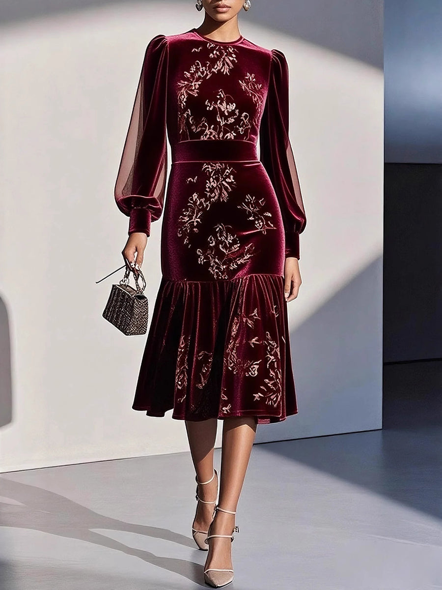 Elegant Floral Print Velvet Midi Dress
