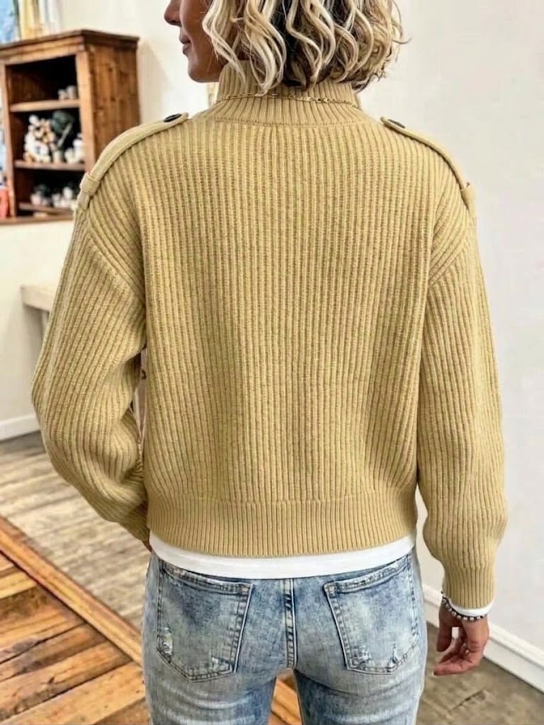 Ribbed-knit Cardigan With A Stand Collar And Shoulder Epaulettes