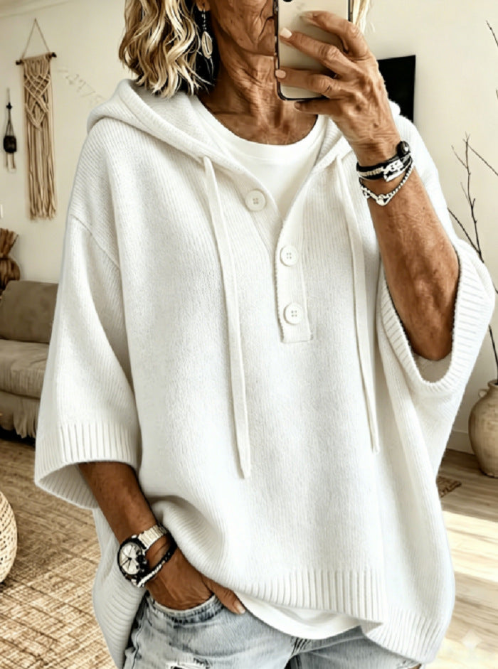 Women's Oversized Half Button Hooded Knit Top, 3/4 Sleeve Loose Casual Sweater