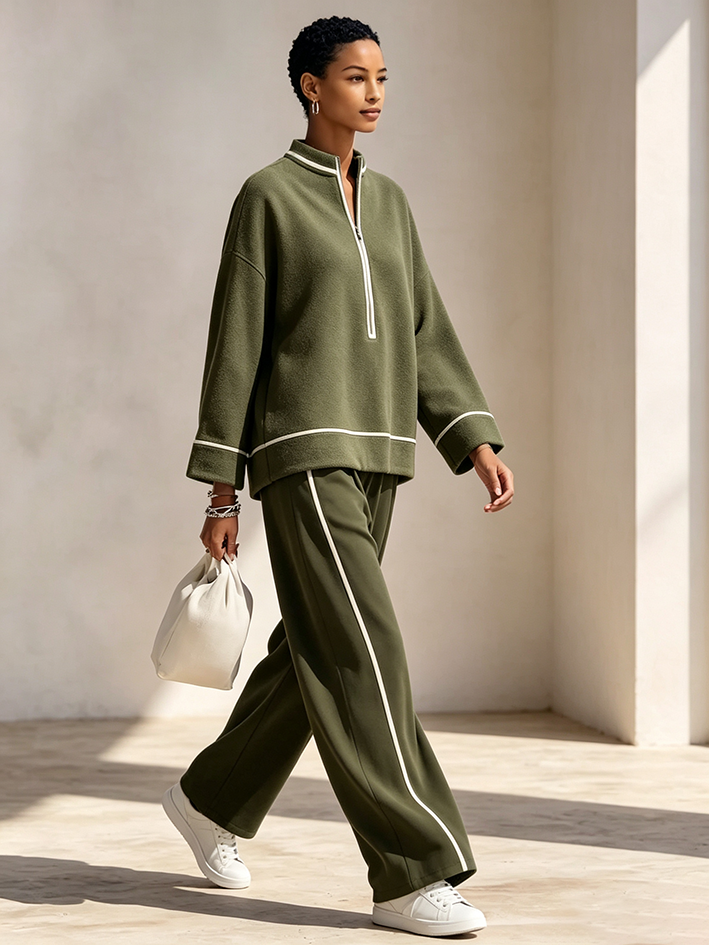 Chic Olive Green Loungewear Set With White Contrast Trim