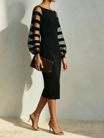 Chic Elegant Fall Formal Sheer Mesh Sleeve Bodycon Midi Dress