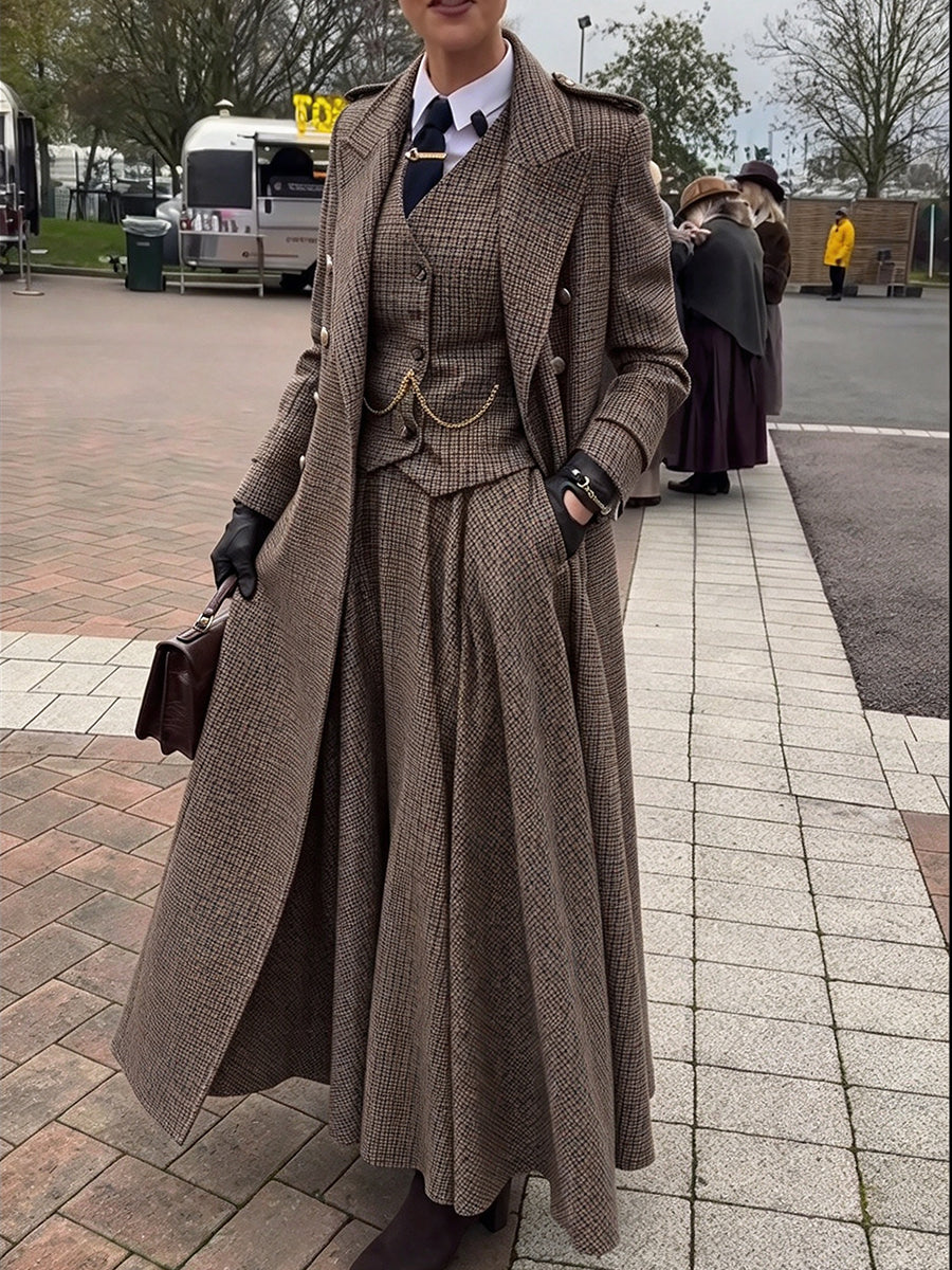 Vintage-style Long Plaid Wool-blend Coat