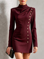 Long-sleeve, Slim-fit Mini Dress Featuring A Mock Neck And Decorative Gold Buttons On The Side