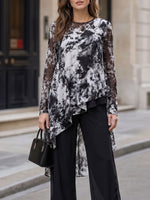 Women's Abstract Print Round Neck Long Sleeve Casual Loose Chiffon Top