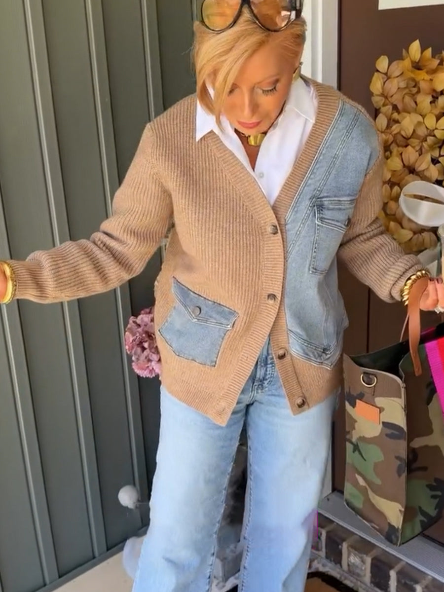 Casual Denim-and-knit Paneled Cardigan