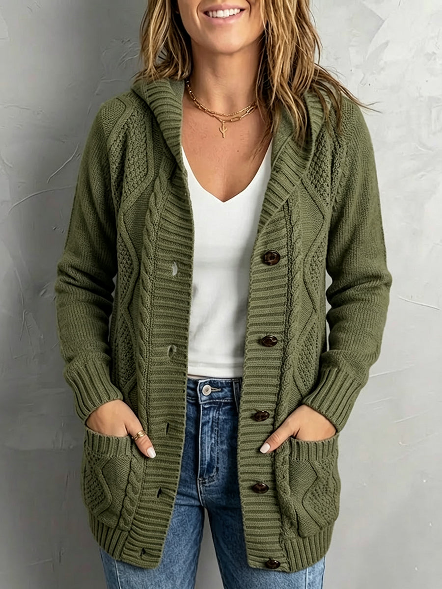 Casual Hooded Cable-knit Cotton-blend Cardigan