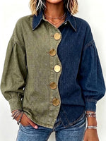 Color-block Denim Jacket With Wavy Placket, Lapel Collar, And Oversized Metal Buttons