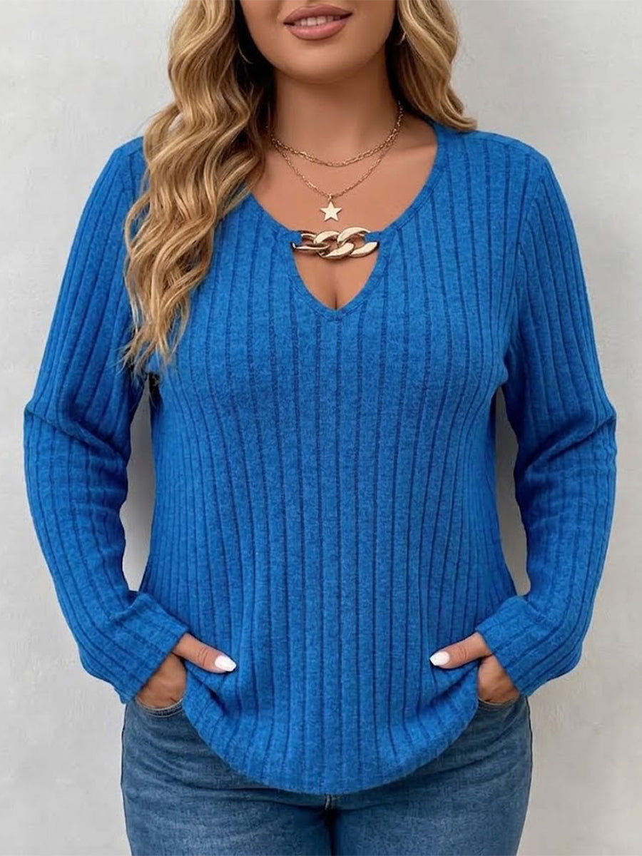 Long-sleeve V-neck Top With Vertical Ribbing And Metal Chain Detail