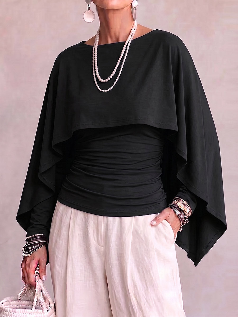 Women's Solid Color Round Neck Long-sleeved Casual Loose Cape-style Top