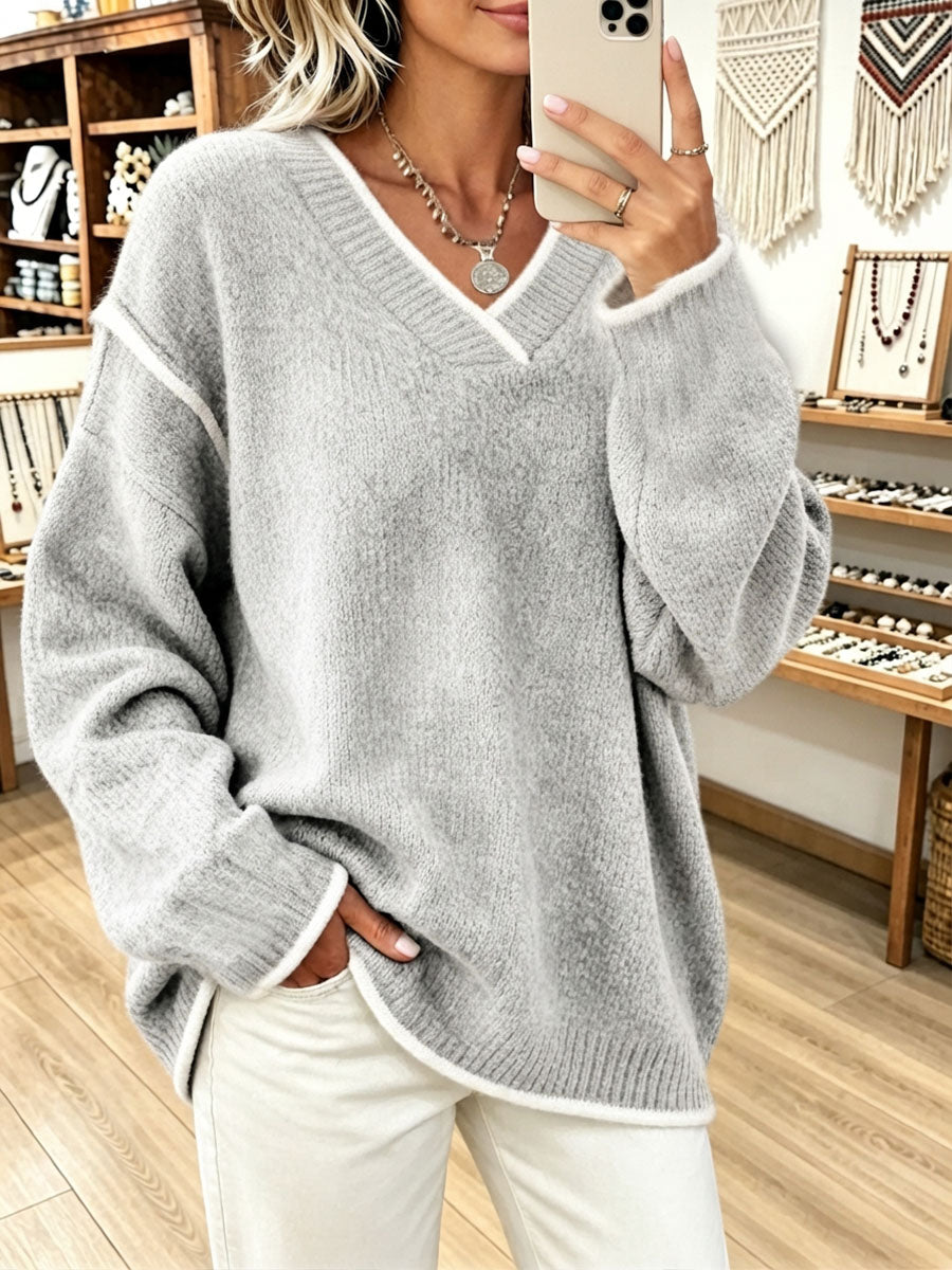 Chic Casual White Piping Trim Oversized V-neck Sweater