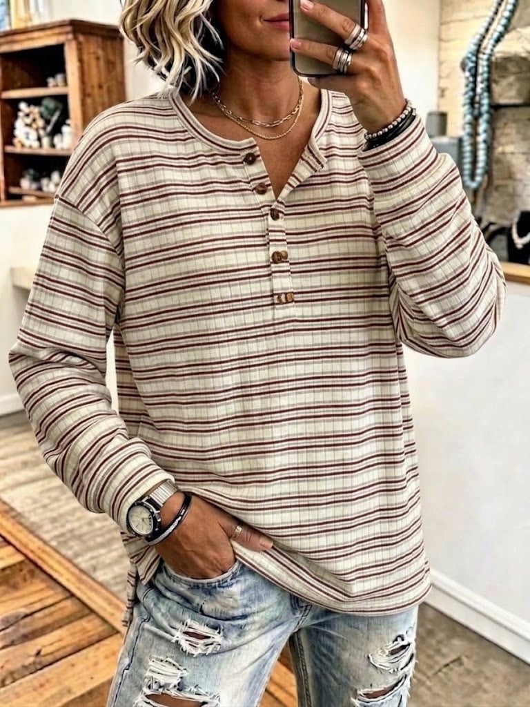 Vintage-style Striped Long-sleeve Henley Shirt