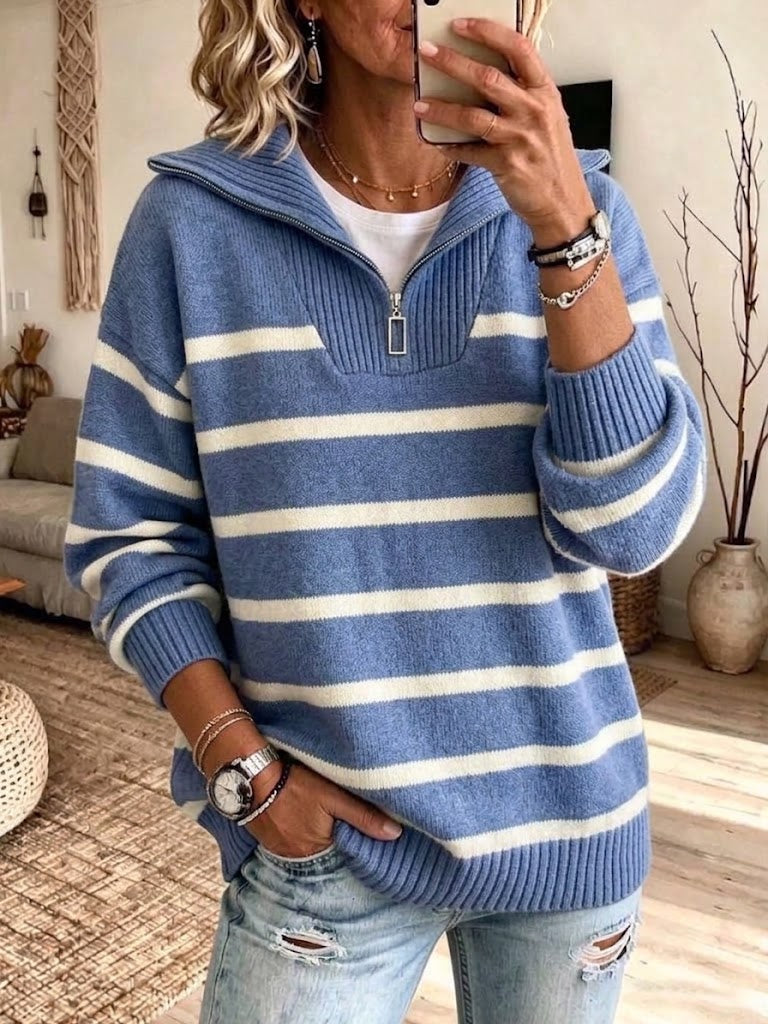 Color-block Striped Half-zip Collared Loose-fit Knit Sweater
