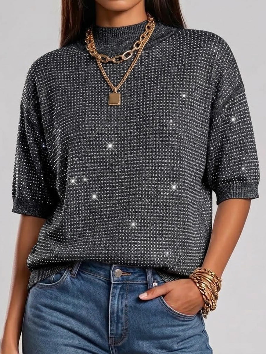 Chic Rhinestone-embellished Mock-neck Knit Top
