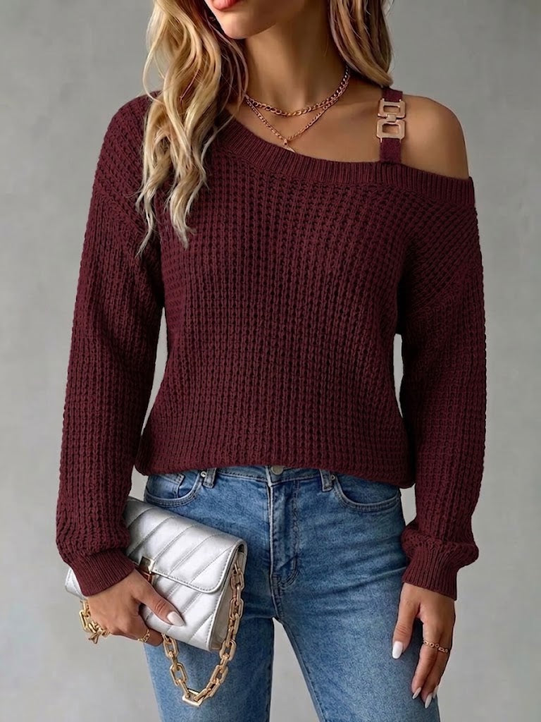 Casual Off-shoulder Pullover Sweater With Metal Buckle And Lantern Sleeves