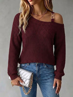 Casual Off-shoulder Pullover Sweater With Metal Buckle And Lantern Sleeves