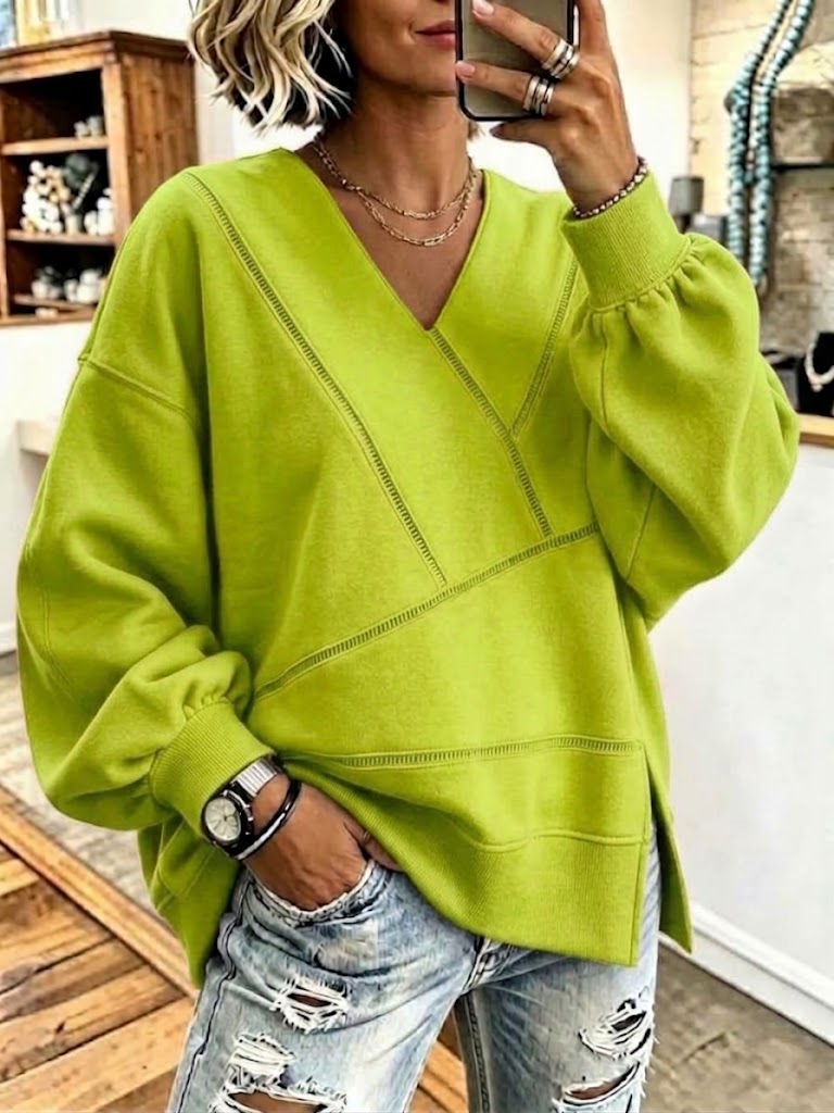 Relaxed-fit V-panel Lantern-sleeve Casual Sweatshirt