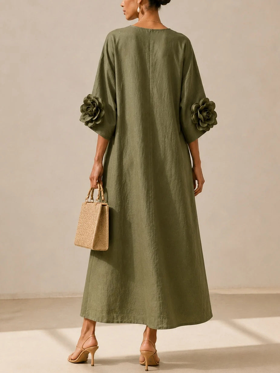 Elegant Mid-length Linen-cotton Blend Dress With 3d Floral Appliqué
