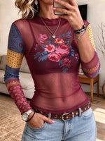 Women's Sheer Mesh Floral Print Long Sleeve Mock Neck Top