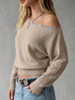 Off-shoulder Loose-fit Knit Sweater With Button Detail