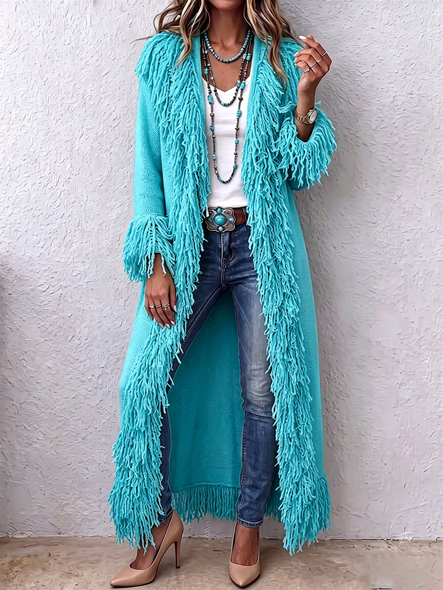 Boho Turquoise Fringe Trim Open-Front Knit Duster Cardigan